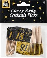 Classy Cocktail Prikkers 18 Jaar Zwart/Goud (50st) - thumbnail