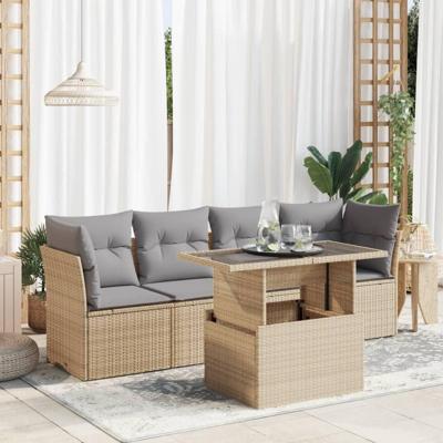 5-delige Loungeset met kussens poly rattan beige