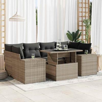 7-delige Loungeset met kussens poly rattan grijs - thumbnail
