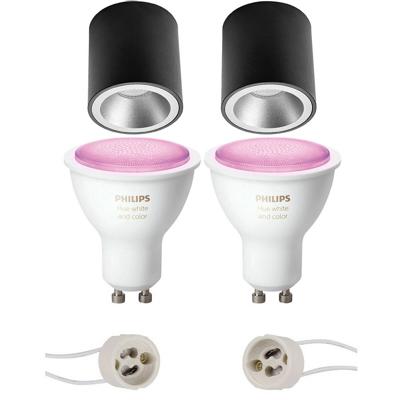 Pragmi Cliron Pro - Opbouw Rond - Mat Zwart/Zilver - Verdiept - Ø90mm - Philips Hue - Opbouwspot Set GU10 - White and Color Ambiance - Bluetooth