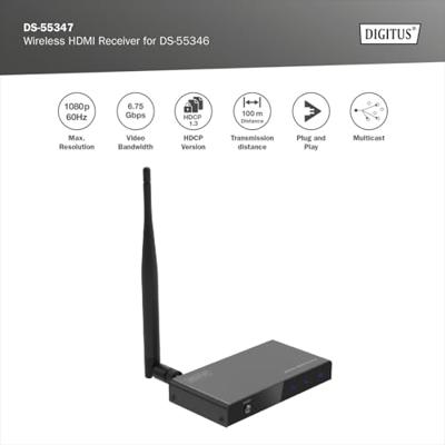 Digitus DS-55347 HDMI-ontvanger 100 m 5 GHz 1920 x 1080 Pixel Geïntegreerde LED-weergave, Met loop-functie, Veilige draadloze overdracht Digitus DS-55347 HDMI-ontvanger 100 m 5 GHz 1920 x 1080 Pixel Geïntegreerde LED-weergave, Met loop-functie, Veilige draadloze overdracht