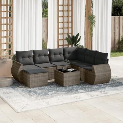 8-delige Loungeset met kussens poly rattan grijs