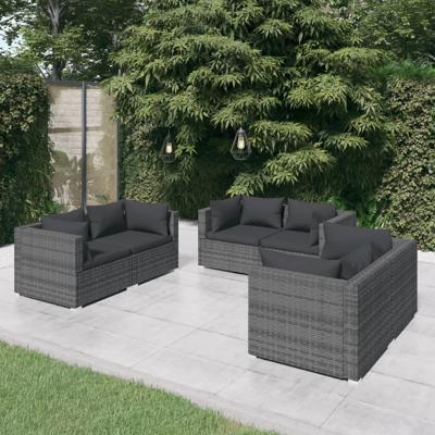 6-delige Loungeset met kussens poly rattan grijs