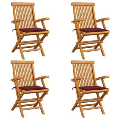 Tuinstoelen 4 st met wijnrode kussens massief teakhout