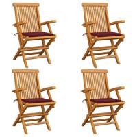 Tuinstoelen 4 st met wijnrode kussens massief teakhout - thumbnail