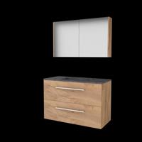 Basic-Line Comfort 46 Badkamermeubelset - 100 x 46 cm - Met Grepen - 2 Lades - Hardstenen Wastafel - Zonder Kraangat - Spiegelkast - Whisky Oak - thumbnail