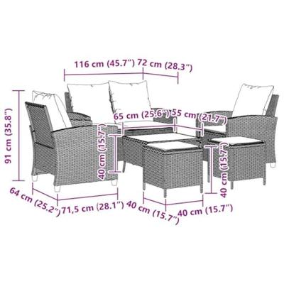 6-delige Loungeset met kussens poly rattan bruin
