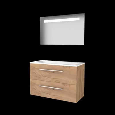 Basic-Line Economic 46 Badkamermeubelset - 100 x 46 cm - Met Grepen - 2 Lades - Acryl Wastafel - 1 Kraangat - Spiegel met LED Verlichting - Whisky Oak
