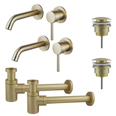 Fortifura Calvi Slim Wastafelkraanset - voor dubbele wastafel - inbouw wastafelkraan - klikwaste plug - verlaagde design sifon - Geborsteld Messing PVD (Goud) 2x SW1171115/2x SW696202/2x SW696218