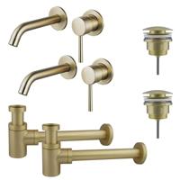 Fortifura Calvi Slim Wastafelkraanset - voor dubbele wastafel - inbouw wastafelkraan - klikwaste plug - verlaagde design sifon - Geborsteld Messing PVD (Goud) 2x SW1171115/2x SW696202/2x SW696218 - thumbnail