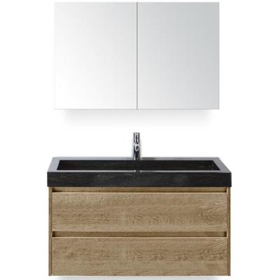 Dante Badmeubelset 100 cm - Natuur Eiken - Wastafel Hardsteen Wit Lucca met Spiegelkast
