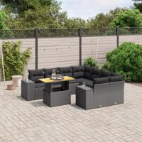 9-delige Loungeset met kussens poly rattan zwart - thumbnail