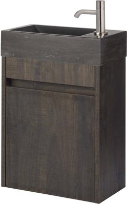 Saqu Florence voorgemonteerd fonteinmeubel in Kasteel bruin met natuurstenen fontein en geborsteld nikkel kraan rechts