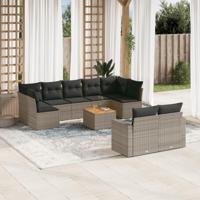 10-delige Loungeset met kussens poly rattan grijs - thumbnail