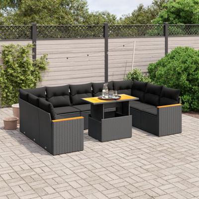 10-delige Loungeset met kussens poly rattan acacia zwart