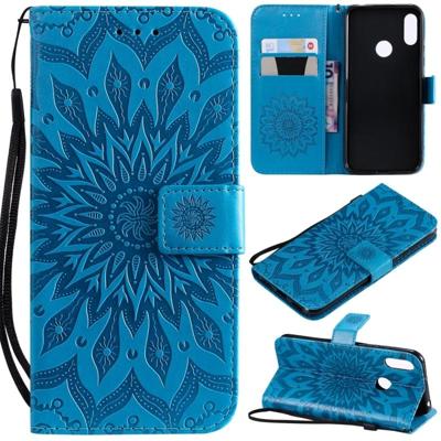 Zon reliëf patroon horizontale Flip lederen case voor Huawei Honor spelen 8A/Y6 (2019) met kaartsleuf & houder & portemonnee & Lanyard (blauw)