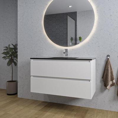 Saniclass Chaci Badkamermeubelset - 100x46x55cm - keramische wastafel zwart - 1 wasbak - 1 kraangat - 2 lades - ronde spiegel met verlichting - mat wit SW1212771/SW761656/SW161922