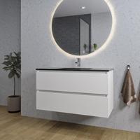 Saniclass Chaci Badkamermeubelset - 100x46x55cm - keramische wastafel zwart - 1 wasbak - 1 kraangat - 2 lades - ronde spiegel met verlichting - mat wit SW1212771/SW761656/SW161922 - thumbnail