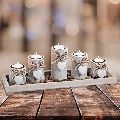 Set van 5 theelichthouders op dienblad met houten stenen, wit (B/H/D) 38x12x11 cm