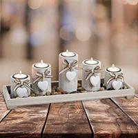 Set van 5 theelichthouders op dienblad met houten stenen, wit (B/H/D) 38x12x11 cm - thumbnail