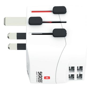 SKROSS | 1.302461 | Pro Light USB (4xA) | Universele reisadapter 2- en 3-polig met 4 USB-poorten van 4,8 A. Voltage en vermogen: 100V–700W/250V–1750W. Geschikt voor pc en föhn