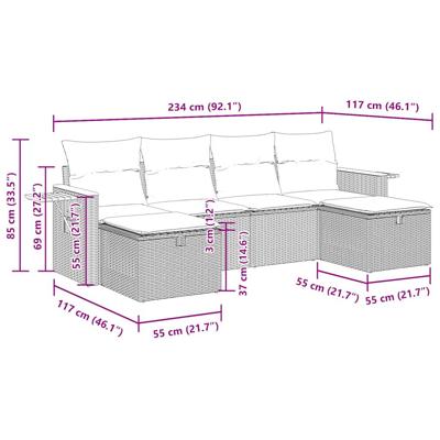 6-delige Loungeset met kussens poly rattan grijs - thumbnail