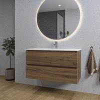 Saniclass Chaci Badkamermeubelset - 100x46x55cm - keramische wastafel wit - 1 wasbak - 1 kraangat - 2 lades - ronde spiegel met verlichting - noten (hout) SW1212772/SW804532/SW161922 - thumbnail