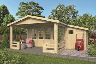 Tuindeco Manchester blokhut 440x440 cm + overkapping 223 cm 58 mm vuren red class wood geïmpregneerd Tuindeco Manchester blokhut 440x440 cm + overkapping 223 cm 58 mm vuren red class wood geïmpregneerd