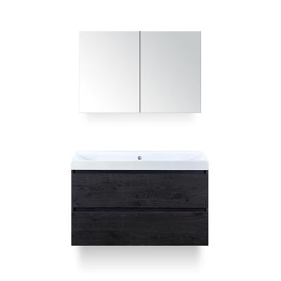 Maxx XL Badmeubelset 100 cm - Black Oak - Wastafel Just Zonder kraangat - met Spiegelkast