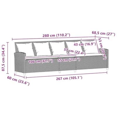 Tuinbank 5-zits met kussens poly rattan grijs