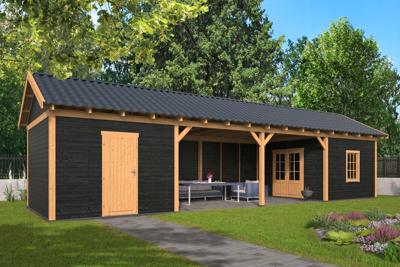 Tuindeco Hamar XL Overkapping type 12 1303x445 cm Lariks/Douglashout blank en Zweeds rabat zwart- Zadeldak- Onbehandeld lariks Douglas hout- Tuindeco