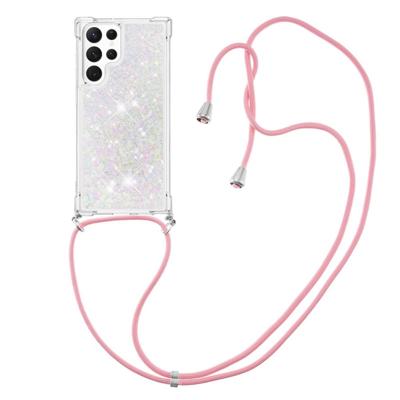 Lunso - Samsung Galaxy S23 Ultra - Telefoonhoes met koord - Glitter Zilver/Roze Lunso - Samsung Galaxy S23 Ultra - Telefoonhoes met koord - Glitter Zilver/Roze