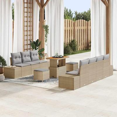 Tuinbankenset met kussen 10 pcs Beige poly rattan