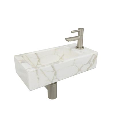 Wiesbaden Mini-Rhea rechts fonteinset 36x18x9cm Carrara marmerlook wit incl. Amador fonteinkraan geborsteld staal 32.5497 - 22.3708 - 32.3537 - 33.4421 - 33.4399