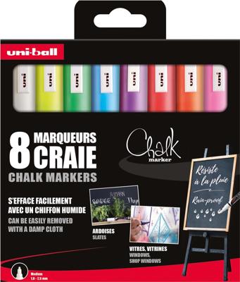 Uni-ball krijtmarker, ronde punt 1,8 - 2,5 mm, etui van 8 stuks, assorti Uni-ball krijtmarker, ronde punt 1,8 - 2,5 mm, etui van 8 stuks, assorti