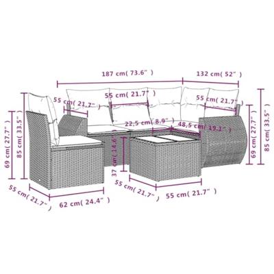 6-delige Loungeset met kussens poly rattan beige