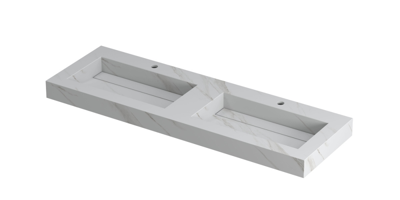 INK Pitch Wastafel Keramische Slab Bak Dubbel met Drain en Front en Side Skirts 2 Kraangaten - 1400x450x90 mm - Calacatta Mat