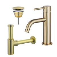 Fortifura Calvi Slim Wastafelkraanset - lage wastafelkraan - always open plug - design sifon - Geborsteld Messing PVD (Goud) SW720545/SW696208/SW696213 - thumbnail