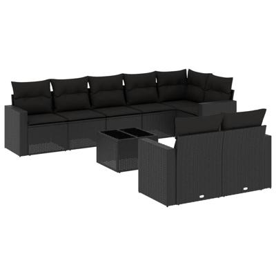 8-delige Loungeset met kussens poly rattan zwart - thumbnail