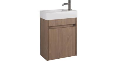 Saqu Florence voorgemonteerd fonteinmeubel in Toffee met mineraalmarmeren fontein en RVS kraan rechts