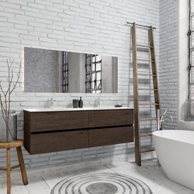 Zaro Valencia Solid Surface badmeubel 150cm donker eiken 2 kraangaten dubbele spoelbak met 4 lades Zaro Valencia Solid Surface badmeubel 150cm donker eiken 2 kraangaten dubbele spoelbak met 4 lades