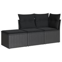 3-delige Loungeset met kussens poly rattan zwart - thumbnail