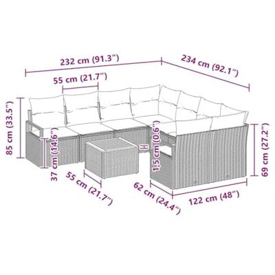 Tuinbankenset met kussen 9 pcs Grijs poly rattan