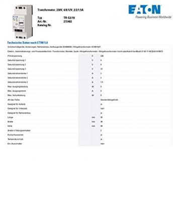 Eaton 272483 Beltransformator 4 V/AC, 8 V/AC, 12 V/AC 2 A