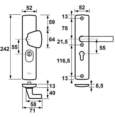 Veiligheidsbeslag Curve Plus S-knop+kruk Blok PC55 anti-kerntrek/omkeerbaar/242x52x13/alu. gesl. F8/SKG3 Veiligheidsbeslag Curve Plus S-knop+kruk Blok PC55 anti-kerntrek/omkeerbaar/242x52x13/alu. gesl. F8/SKG3