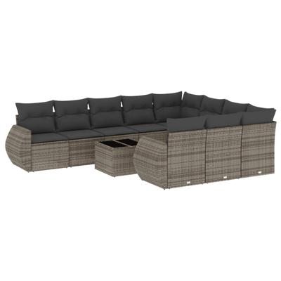 10-delige Loungeset met kussens poly rattan grijs