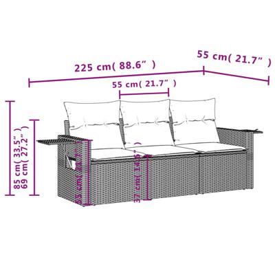 3-delige Loungeset met kussens poly rattan grijs - thumbnail