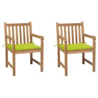 Tuinstoelen 2 st met heldergroene kussens massief teakhout - thumbnail