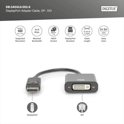 Digitus DB-340414-001-S DisplayPort-kabel DisplayPort / DVI Aansluitkabel DisplayPort-stekker, DVI-I 24+5-polige bus 0.15 m Zwart Afgeschermd (dubbel),