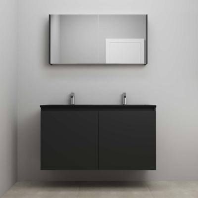 On-Line Badkamermeubelset - 120 cm - Voorgemonteerd - Greeploze Ladestructuur - Acryl Wastafel - 2 Kraangaten - Spiegelkast - Mat Zwart - V01